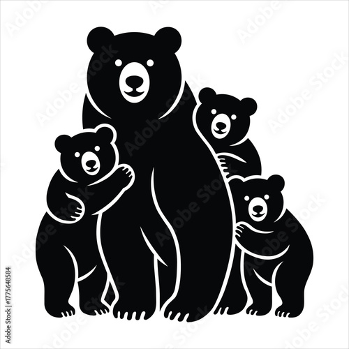 Mother Bear with Cubs Silhouette Vector Wild Animal Family Illustration