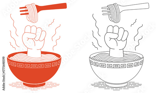 Ramen Power Vector Illustration – Fist Rising from Noodle Bowl in Minimal Line Art Style