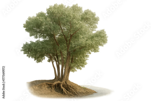 Green tree standing on a small mound of earth, its strong roots exposed; a natural element on transparent background