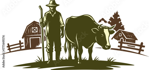 WebFarmer with cow standing in front of barn on a farm in a rural countryside scene