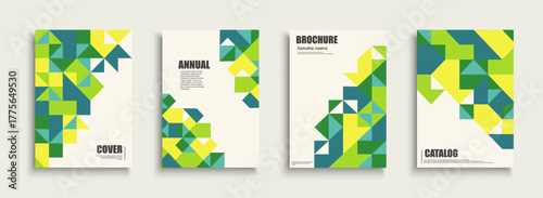 Collection of vector green posters with mosaic geometric print. Bright color modern placards, brochures, banners, backgrounds, cards. Business unusual templates for presentations and your projects