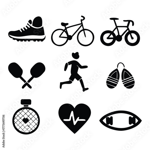 Black & white fitness & sports icon pack: dumbbell, running shoe, yoga pose, heart rate, bicycle, racket, medal and more. Great for fitness apps, gym branding, sport publications and UI.