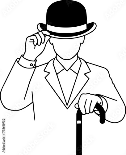 A man leaning on a cane elegantly raises his hat in greeting. Perfect for illustrating etiquette and classic fashion.