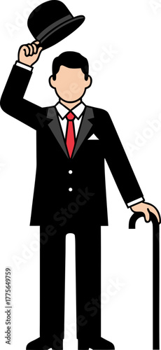 A man leaning on a cane elegantly raises his hat in greeting. Perfect for illustrating etiquette and classic fashion.
