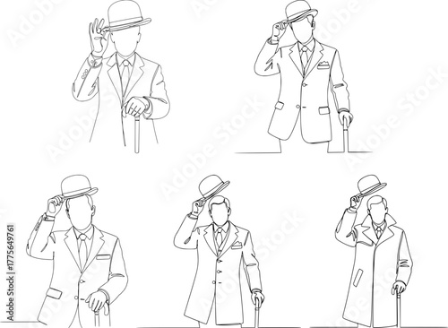 A man leaning on a cane elegantly raises his hat in greeting. Perfect for illustrating etiquette and classic fashion.