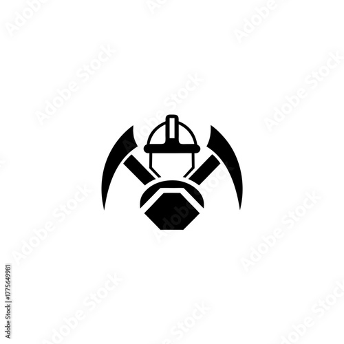 Illustration of a miner with helmet and crossed axes on transparent background silhouette