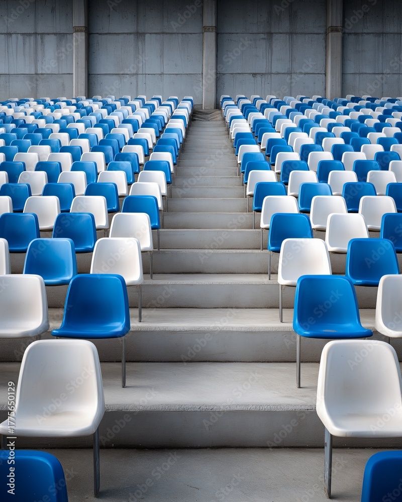 Naklejka premium Symmetrical arrangement of blue and white stadium seats creates striking geometric pattern, evoking sense of order and repetition. empty seats line up in rows, leading up central staircase