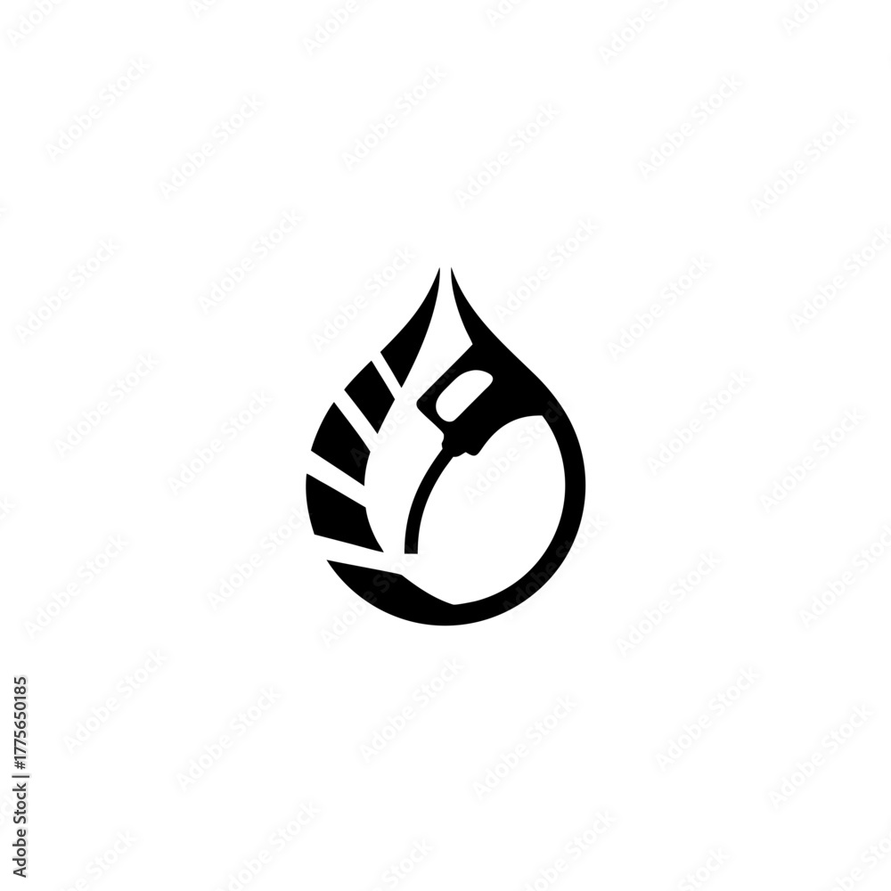Fototapeta premium Black droplet with gas pump and leaf vector design on transparent background silhouette