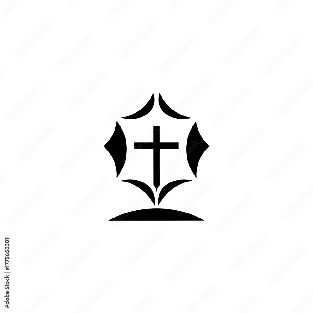 Obraz premium Black cross on a hill surrounded by petal shapes on transparent background silhouette