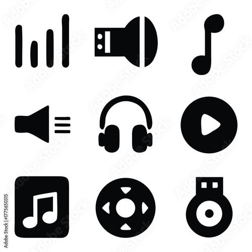 Black & white music & audio icon pack: musical note, headphones, mic, speaker, vinyl, equalizer, podcast icon and more. Ideal for music apps, audio branding, recording studios and UI.