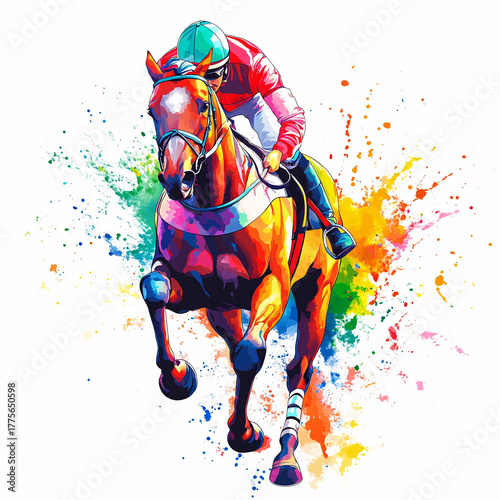 Colorful digital painting of a jockey riding a racehorse in motion, showcasing power, speed, and energy on a white background.