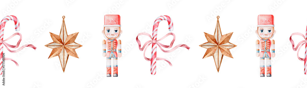 Fototapeta premium Vintage Nutcracker Christmas Border with Candy Canes and Stars