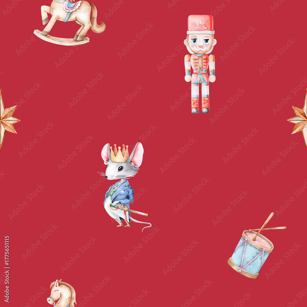 Naklejka premium Nutcracker Soldier and Mouse King Seamless Watercolor Pattern