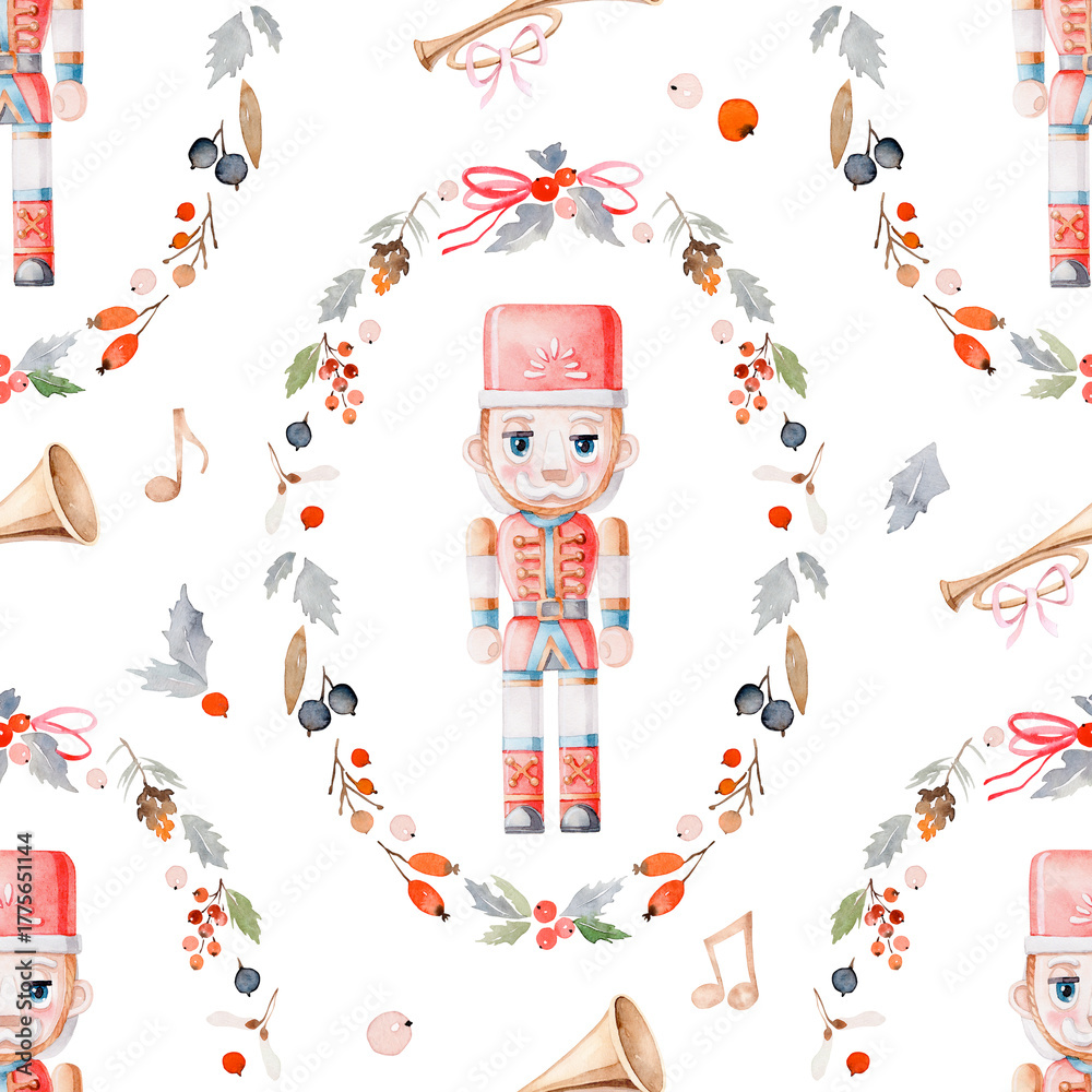 Fototapeta premium Nutcracker Christmas Pattern — Watercolor Toy Soldier and Winter Foliage