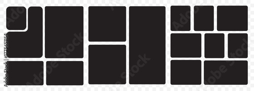 Blank bento grid layout template for photo collage or design element on a Ultra-Wide Background ratio. Bento Grid Layout Icon Set – Modern Geometric Block Design On Transparent Background. EPS 10.