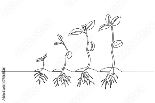 Minimalist single-line art illustration of a young green seedling's development