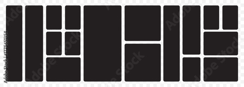 Vector collage for photos. Picture frame. Vector blank in bento grid system. Bento style layout grid templates. Web comics grids, various panel arrangements and different size tiles vector set. EPS 10