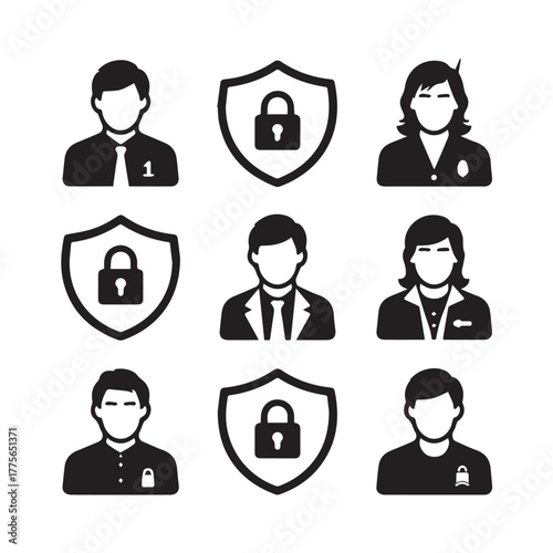 Black and white icons of people and security shields with locks on white background padlock