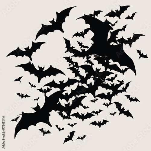 A large swarm of silhouetted bats flying in a chaotic formation against a light background