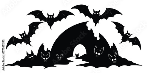 Spooky halloween silhouette of a haunted castle with flying bats against a white background