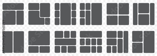 Bento grid template layout shape. Bento box modular collage frame design geometry background in gray Color On Transparent Background. EPS 10.