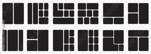 Bento grid vector vertical layouts. Geometric tiles pattern for photo collage, website layout, etc. Trendy tiling frames arrangements and presentation templates for social media. EPS 10.