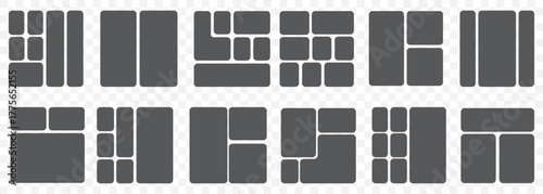 Bento grid template layout shape. Bento box modular collage frame design geometry background in gray Color On Transparent Background. EPS 10.