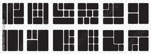 Bento grid vector horizontal layouts. Geometric tiles pattern for photo collage, website layout, etc.  Bento grid layouts. Geometric tiles pattern, trendy frames arrangements and presentation layout.