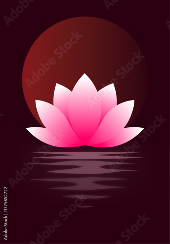 A minimalist illustration of a lotus hovering over water against a moon. A symbol of harmony, tranquility, and inner balance. Soft gradients and flowing shapes create an atmosphere of peace and balanc