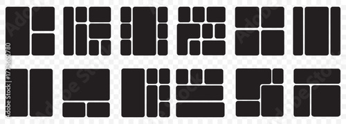 Bento Style Layout Patterns –Abstract Modular Design. Bento photo frame collage layout. Bento Style Landing page design On Transparent Background. EPS 10.