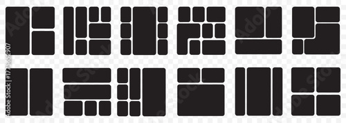 Bento Style Layout Patterns –Abstract Modular Design. Bento photo frame collage layout. Bento Style Landing page design On Transparent Background. EPS 10.