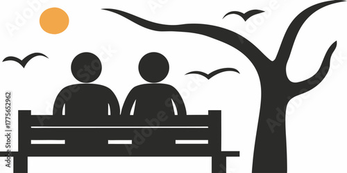 Serene moment: Couple enjoying sunset on park bench with birds, a symbol of togetherness, peacefulness, and simple joys of life in nature's embrace