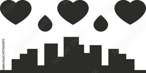 Show Your City Love: Expressive cityscape skyline with heart and droplet icons conveying affection and hope for urban life, perfect for branding and design