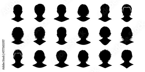 Collection of diverse human head and shoulder silhouettes in a grid pattern silhouette
