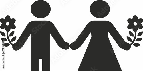 Sweet couple holding hands with flowers, simple love, marriage and affection. Modern minimalistic design conveying relationships and spring season romance