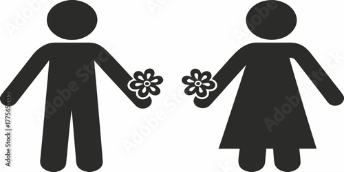 Charming stick figures: Man and woman holding flowers, perfect for wedding invitations, greeting cards, or romantic designs, originally created as scalable vector