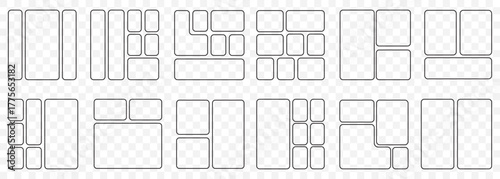 Bento grid vector square layouts. Geometric tiles pattern for photo collage, website layout, etc. Trendy tiling frames arrangements and presentation templates for social media in Stroke. EPS 10.