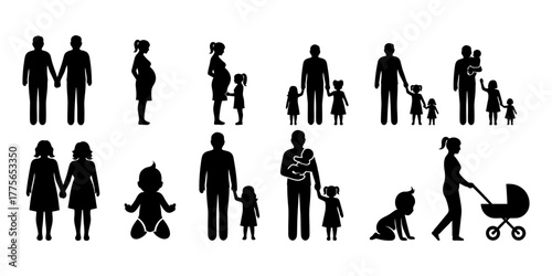 Diverse family silhouettes showing different stages of life and relationships silhouette