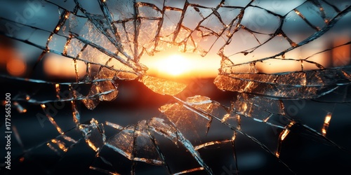 Sunlight filters through cracked glass, highlighting the beauty in brokenness and fragility of the moment at dusk time