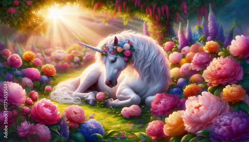 Fototapeta Naklejka Na Ścianę i Meble -  A unicorn in a blooming garden, Ai generated image