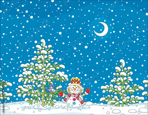 Funny toy snowman with a warm scarf, a hat and mittens talking to a small bird perched on a snow-covered fir in a winter park on a cold, moonlit and snowy evening, vector cartoon illustration