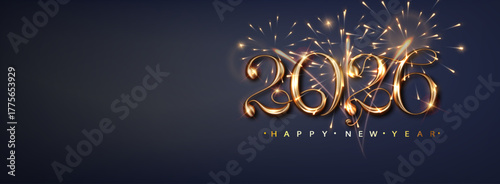 2026 Happy new year banner with flickering fireworks. Luxury background with golden metallic numbers date 2026. Vector holyday illustration.