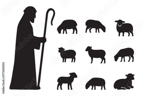set of shepherd grazing sheep silhouettes vector