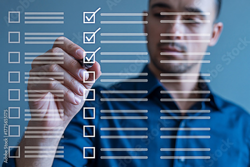 Man completing a digital checklist with a stylus marking off tasks on a virtual todo list for productivity and organization in a modern business or personal management context