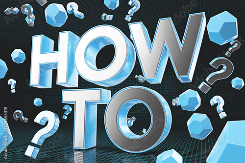 3d rendering of how to text with question marks and geometric shapes against a dark background ideal for tutorials guides and educational content on various topics and subjects