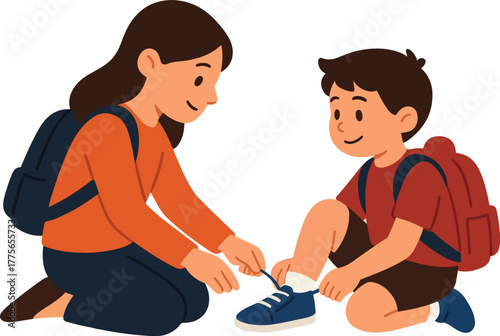 Elder sibling helping younger brother tie shoelaces before school, both wearing backpacks, ready for education and learning, cute illustration style, bright colors