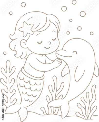 Adorable cartoon mermaid with flowing hair and a starfish in her hair hugs a happy dolphin in a whimsical underwater scene with coral and bubbles