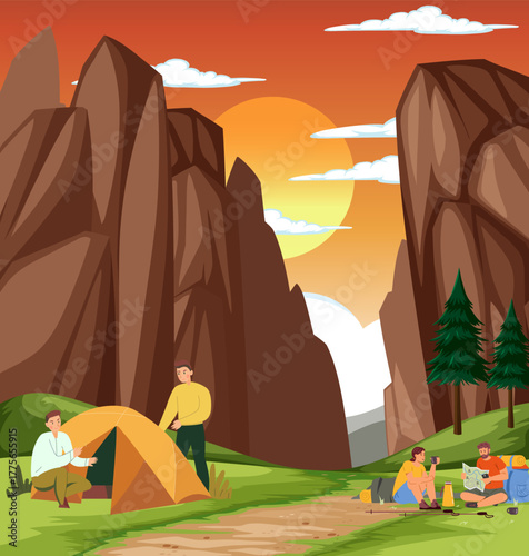 Camping Adventure Scene — People Relaxing in Mountain Landscape