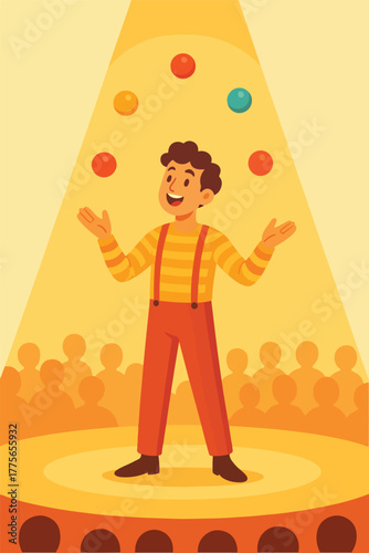 A smiling cartoon circus juggler in a striped shirt and orange overalls skillfully tosses colorful balls in the air under a spotlight on a stage in front of an audience, celebrating performance art.
