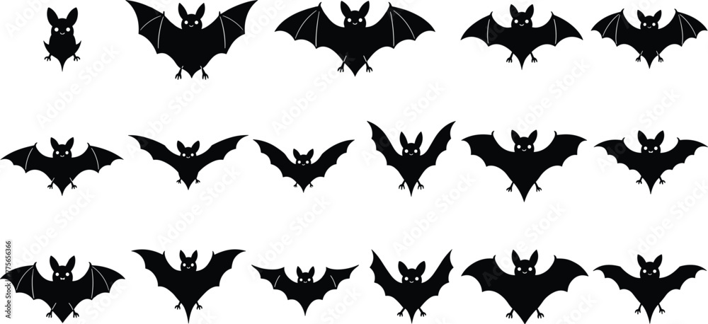 Naklejka premium Black bat silhouettes vector illustration, spooky Halloween flying bats clipart, horror night decoration, gothic animal shapes, scary wings, isolated icons, dark cartoon design